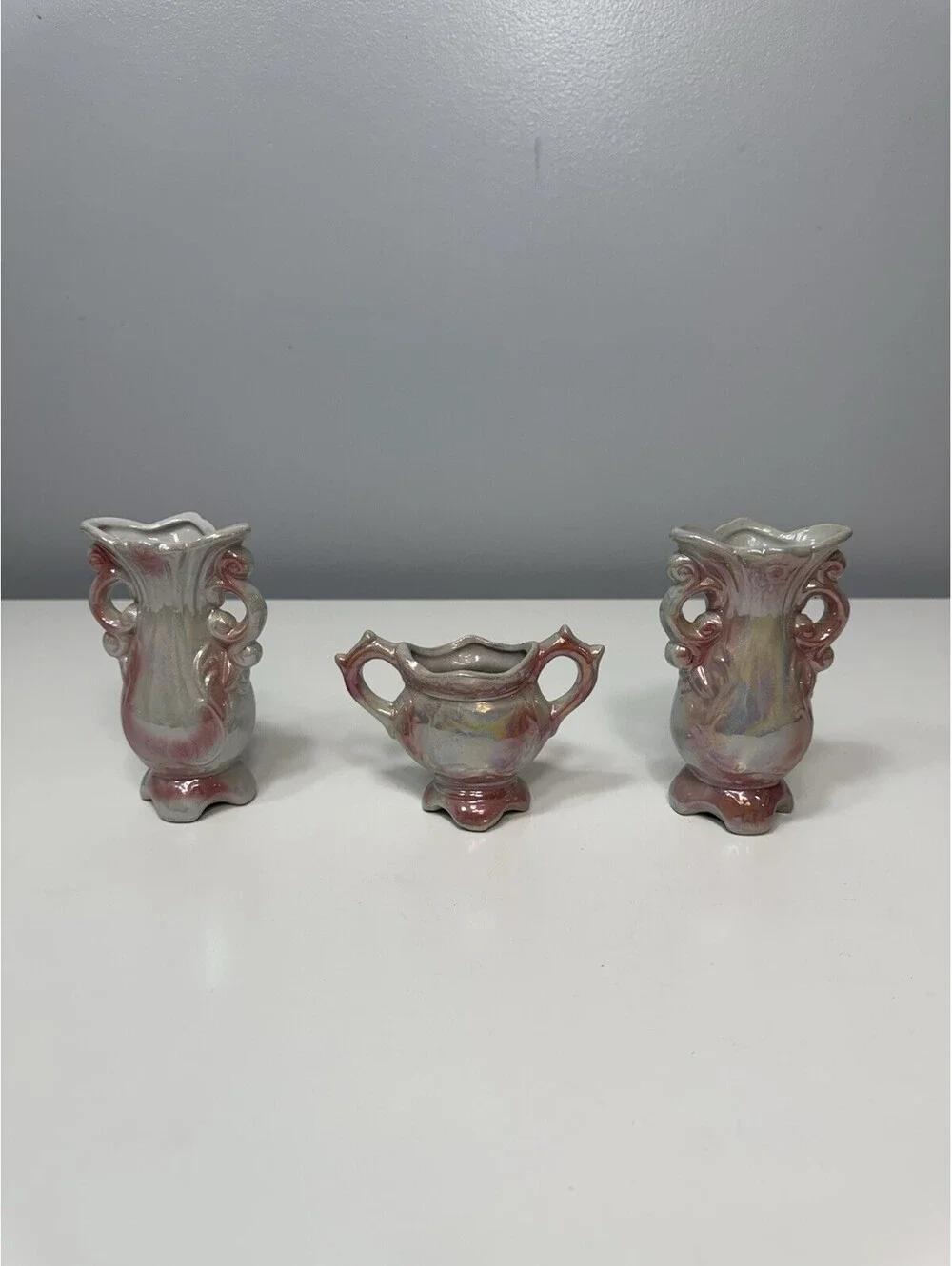 VTG Lusterware Floral Bud Vases Iridescent Pink Finish, Footed Handles Set Of 3